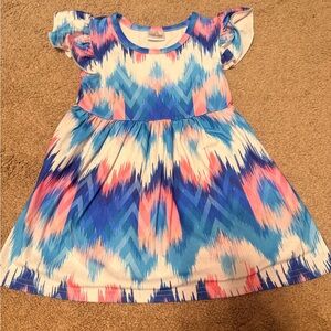 Girls' Blue & Pink Ikat Print Flutter-Sleeve Dress